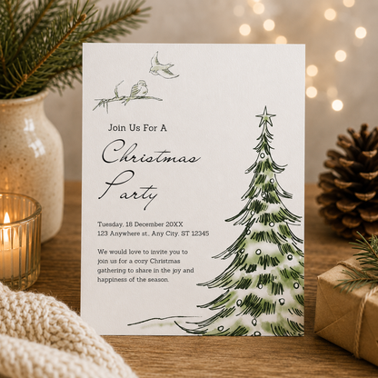Printable Christmas party invitation template, 5 x 7 inches, editable in Canva