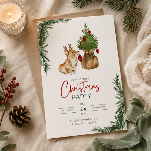 Christmas corgi in reindeer antlers holiday party invitation with a potted fir tree