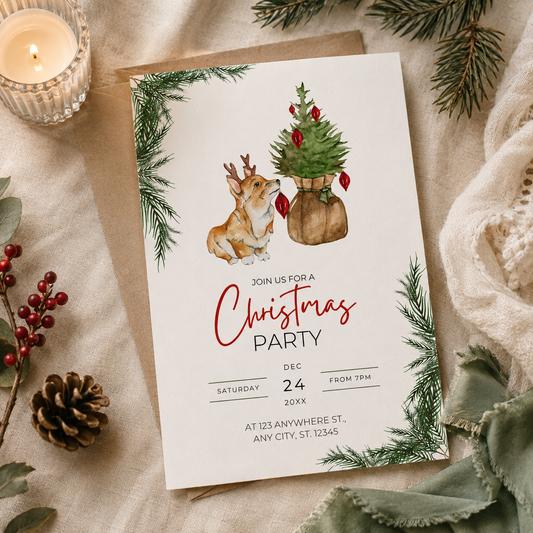 Christmas corgi in reindeer antlers holiday party invitation with a potted fir tree