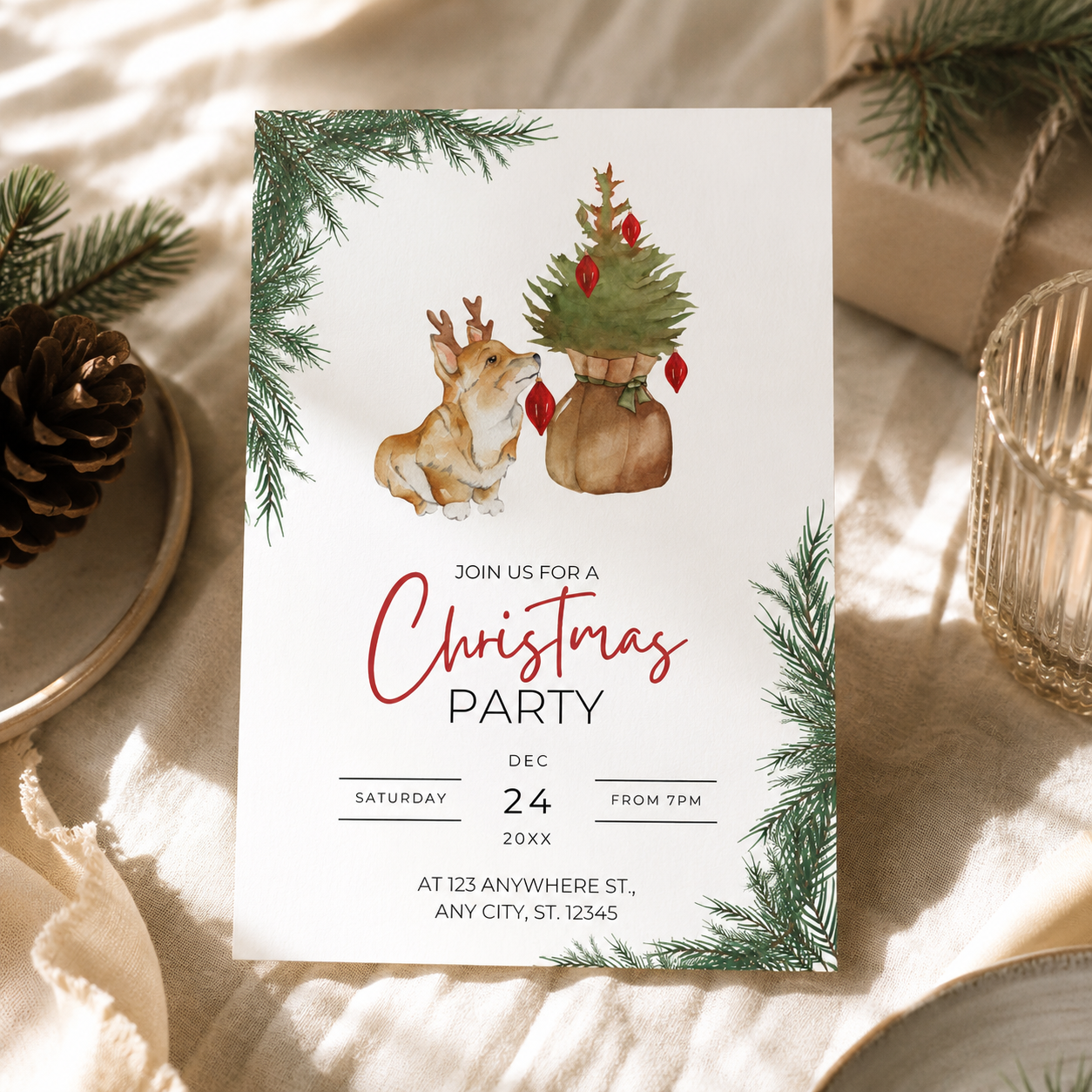 Printable Christmas corgi party invitation template, 5 x 7 inches, editable in Canva
