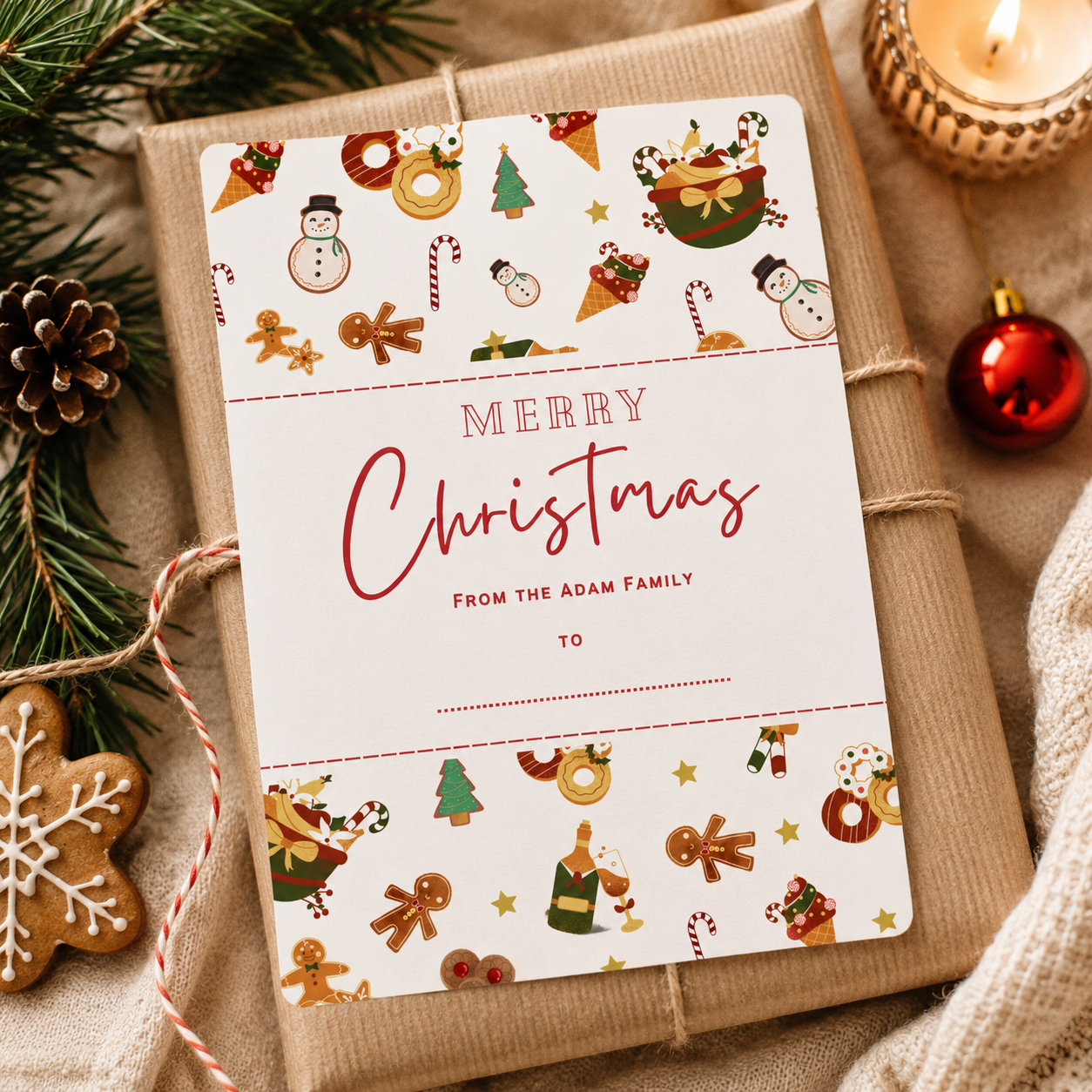 Editable Christmas card template with a blank line for the name, 5 x 7 inches
