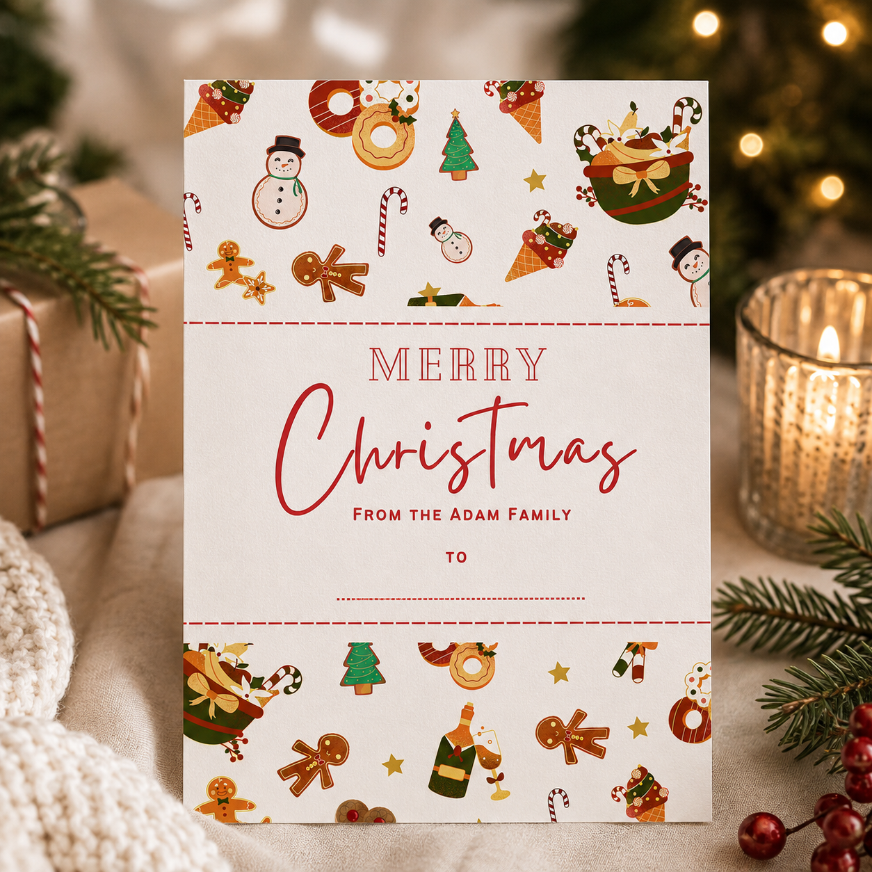 Printable Merry Christmas card with gingerbread men, snowmen and candy canes
