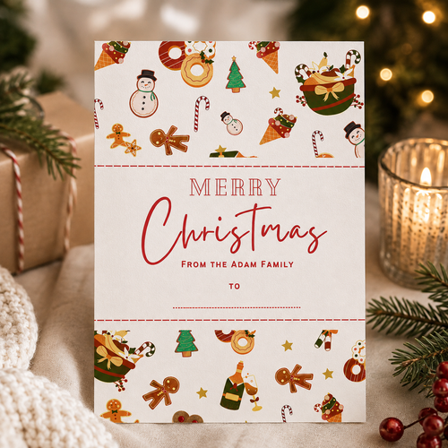 Printable Merry Christmas card with gingerbread men, snowmen and candy canes