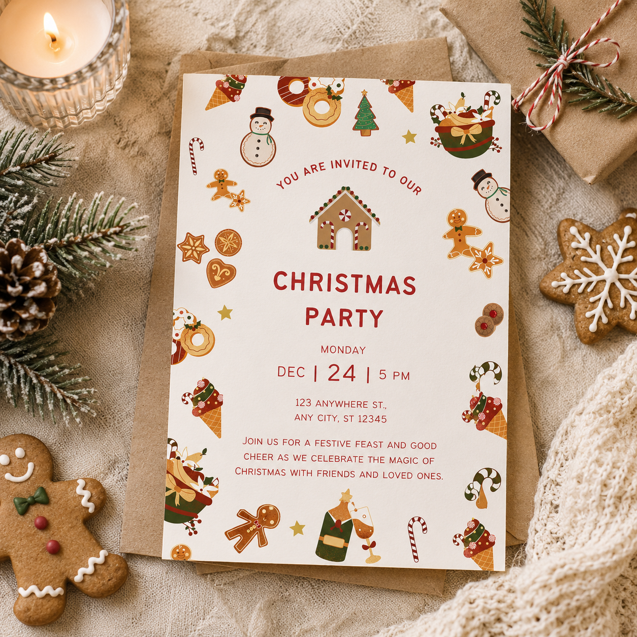 Gingerbread Christmas dinner invitation with a cookie border and gingerbread house