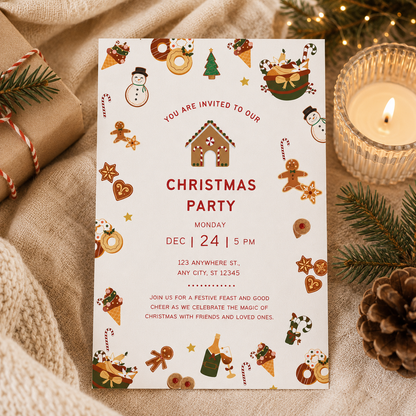 Printable Christmas dinner invitation template, 5 x 7 inches, editable in Canva