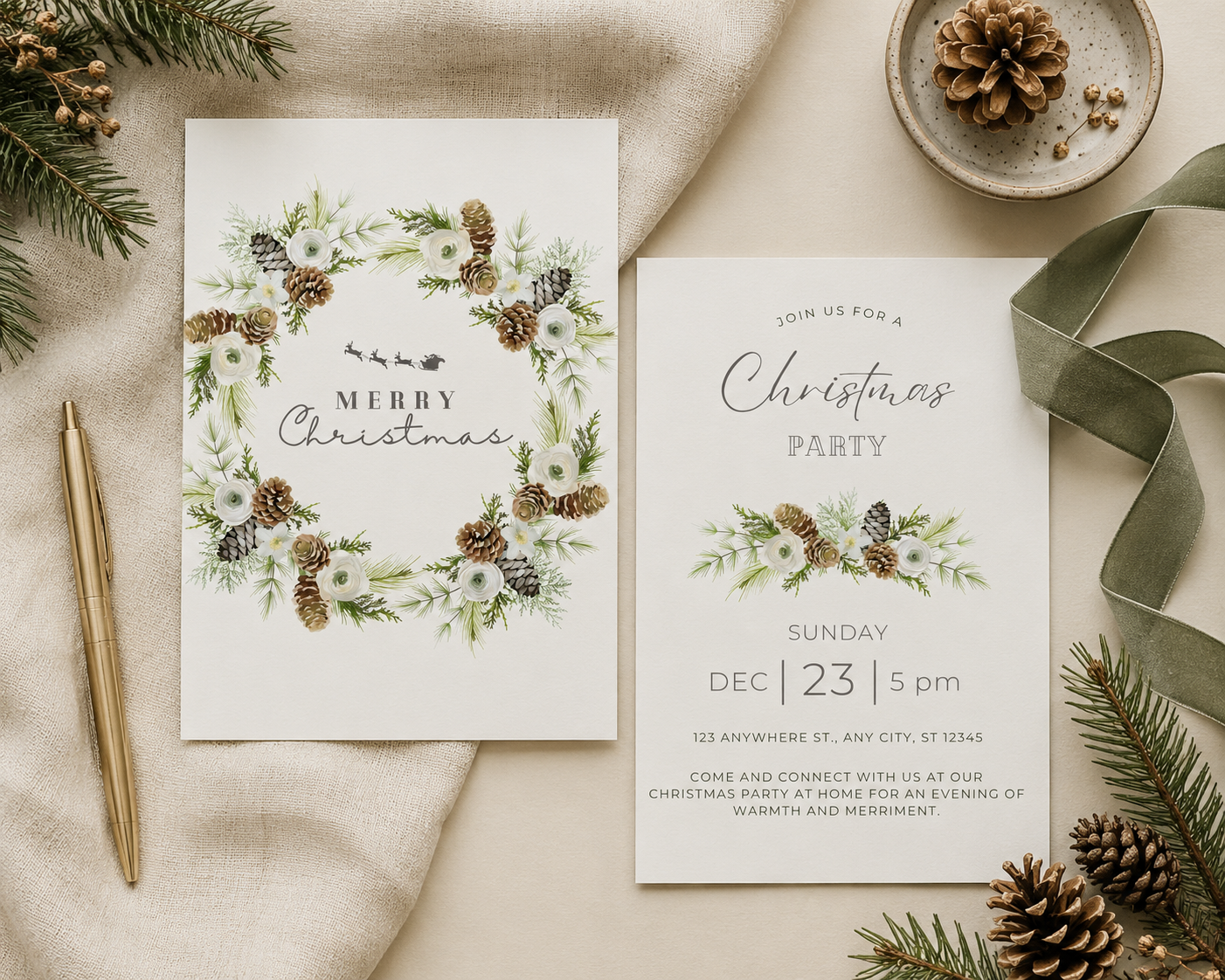 Greenery Christmas invitation with pinecones and white flowers on ivory
