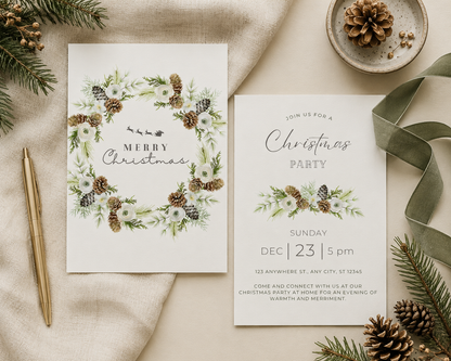 Greenery Christmas invitation with pinecones and white flowers on ivory