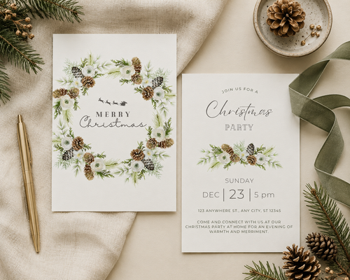 Greenery Christmas invitation with pinecones and white flowers on ivory