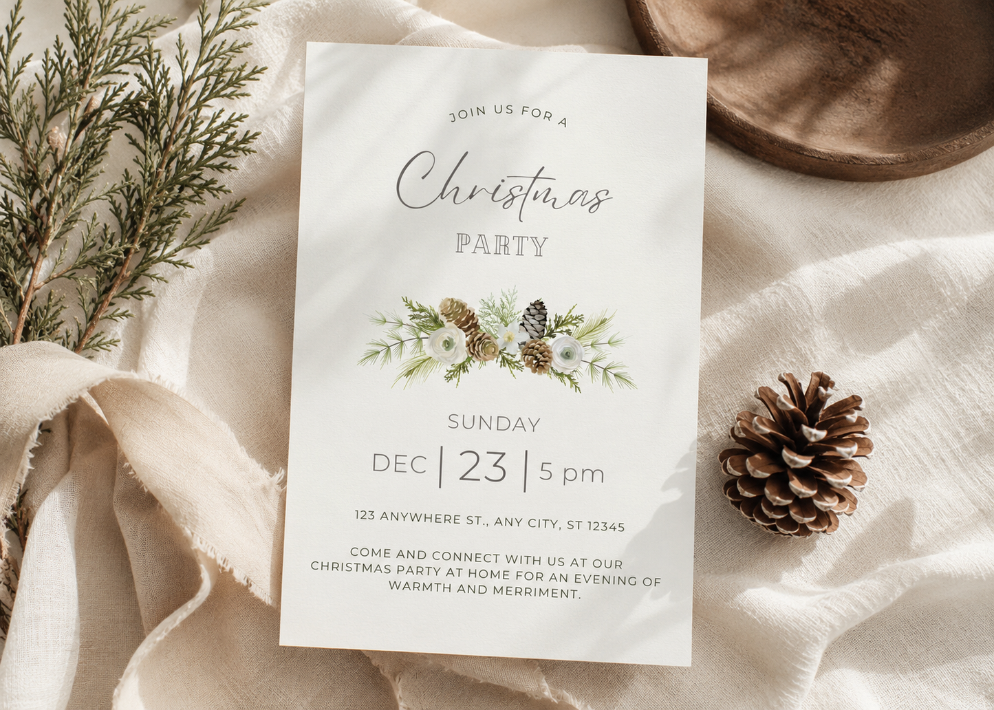 Printable Christmas invitation template, 5 x 7 inches, editable in Canva