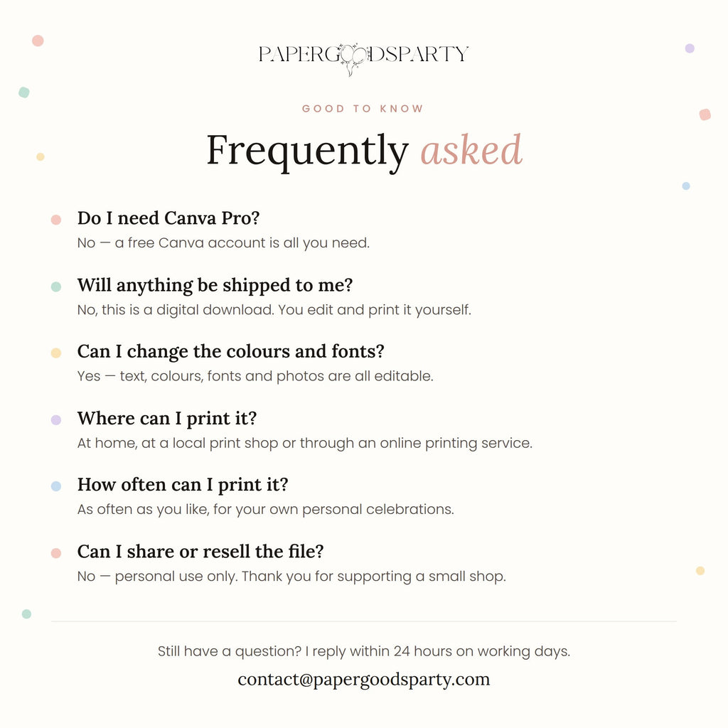 FAQ about printable birthday magazine Canva template digital download