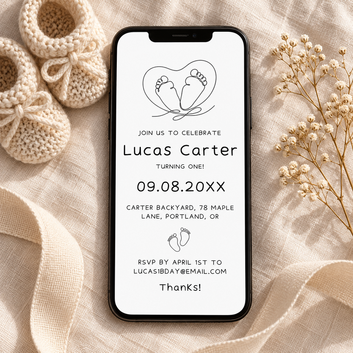 Matching minimalist baby feet 1st birthday e-vite on a phone screen, editable in Canva