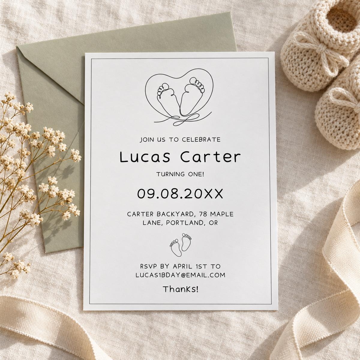 Minimalist baby 1st birthday invitation card with line art baby feet in a heart, flat lay with knitted booties