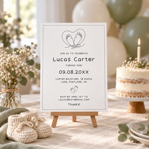 Neutral first birthday party table with the printed baby feet invitation on an easel, naked cake and sage balloons