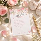 Filled-in pink floral advice for baby card with baby shoes and a gold pen