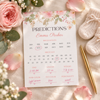 Filled-in pink floral baby predictions card with circled birth date and guesses