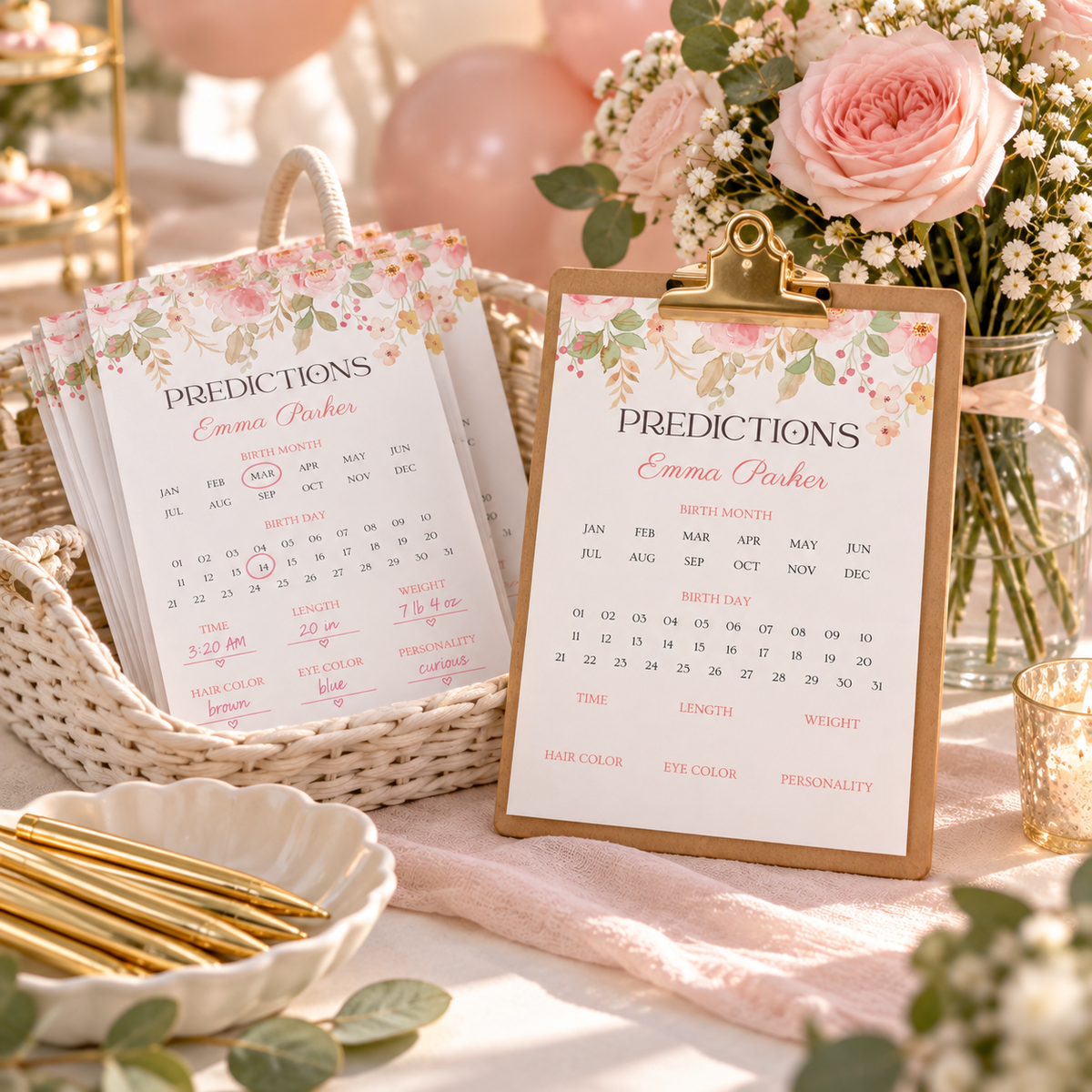 Baby shower games table with baby in bloom predictions cards in a basket and on a clipboard