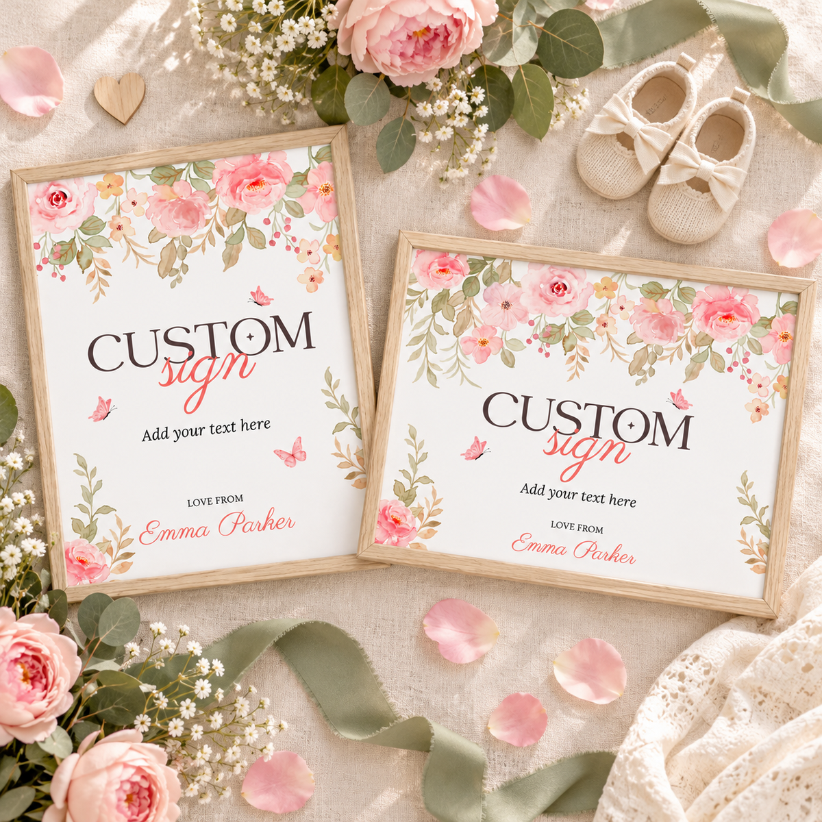 Portrait and landscape baby in bloom custom signs with rose petals and baby shoes