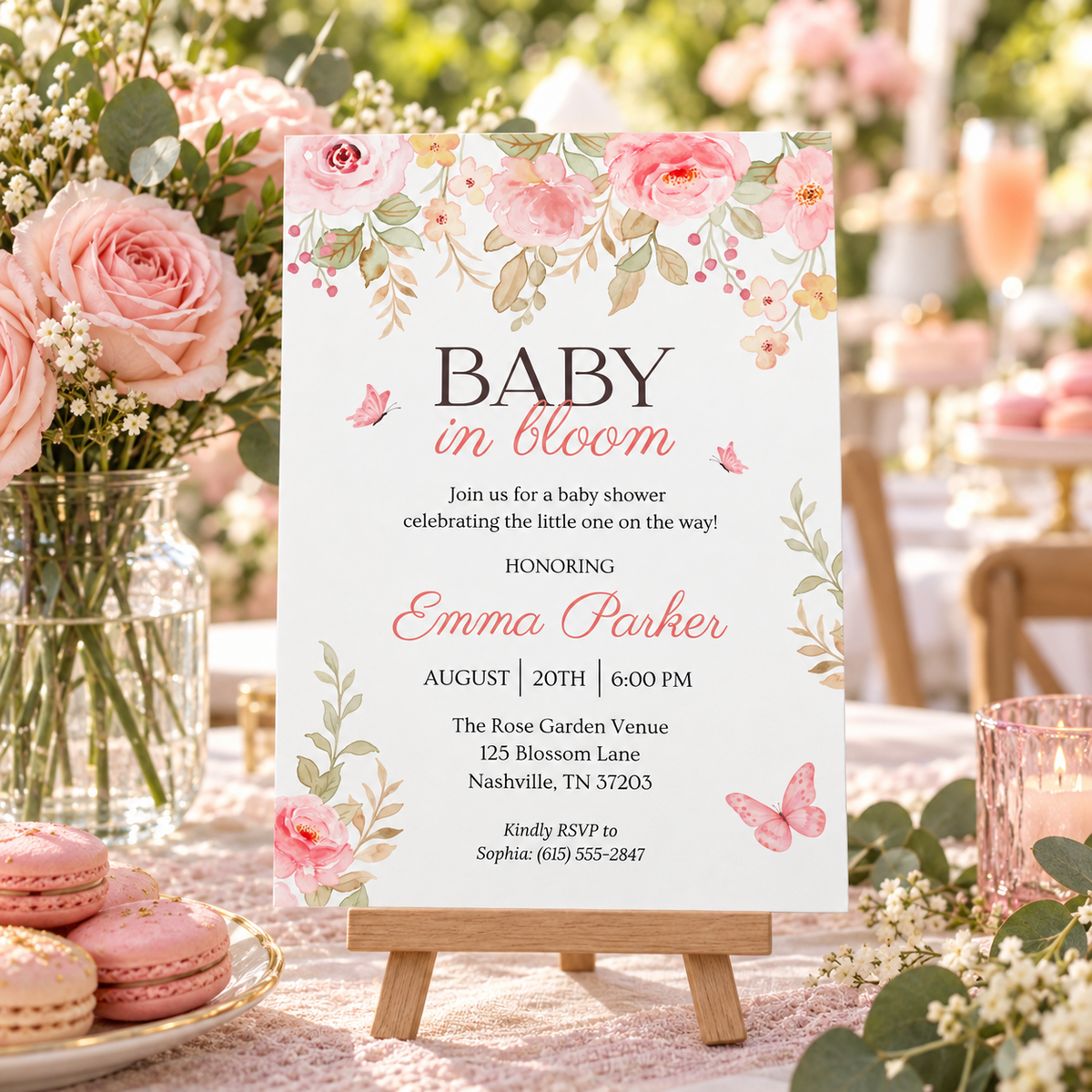 Floral baby shower invitation on a wooden easel on a garden brunch table