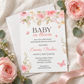 Baby in bloom baby shower invitation with pink watercolor roses on linen with envelope and roses