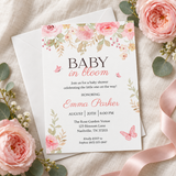 Baby in bloom baby shower invitation with pink watercolor roses on linen with envelope and roses