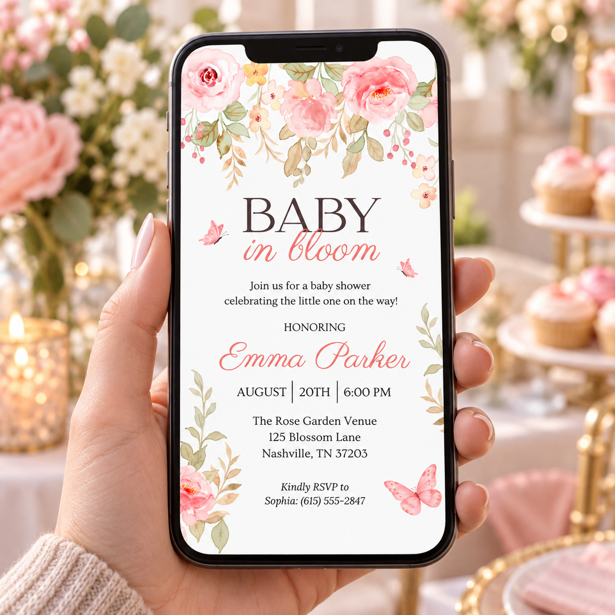 Baby in bloom digital baby shower invitation shown on a phone