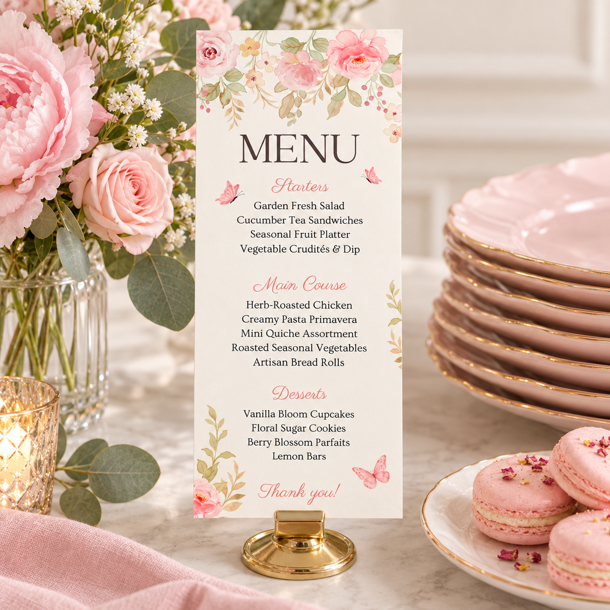 Close-up of the baby in bloom menu in a gold card holder