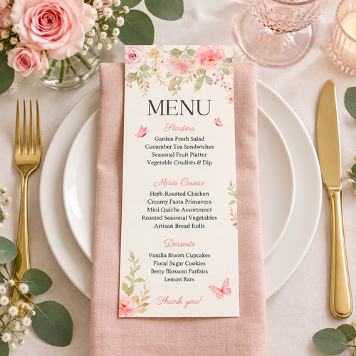 Baby in bloom baby shower menu card on a plate with a blush napkin and gold cutlery