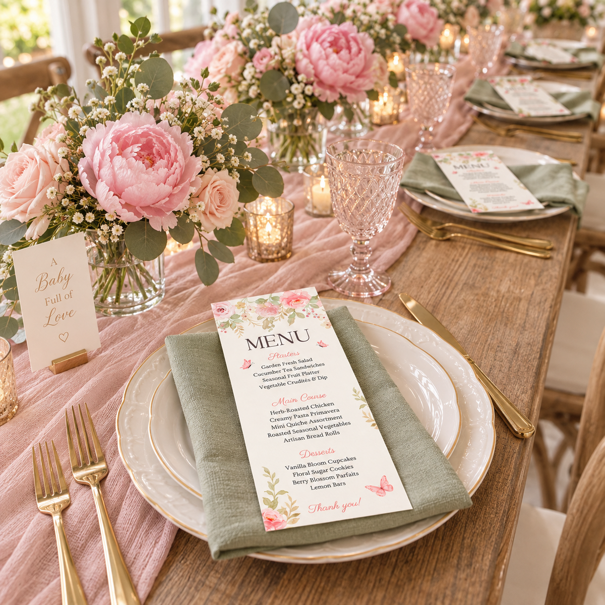 Baby shower brunch table with pink floral menu cards at each place setting