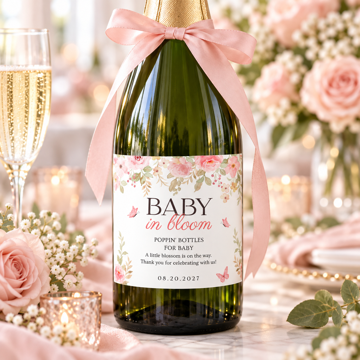 Champagne bottle with a pink bow and a Poppin' Bottles for Baby floral label