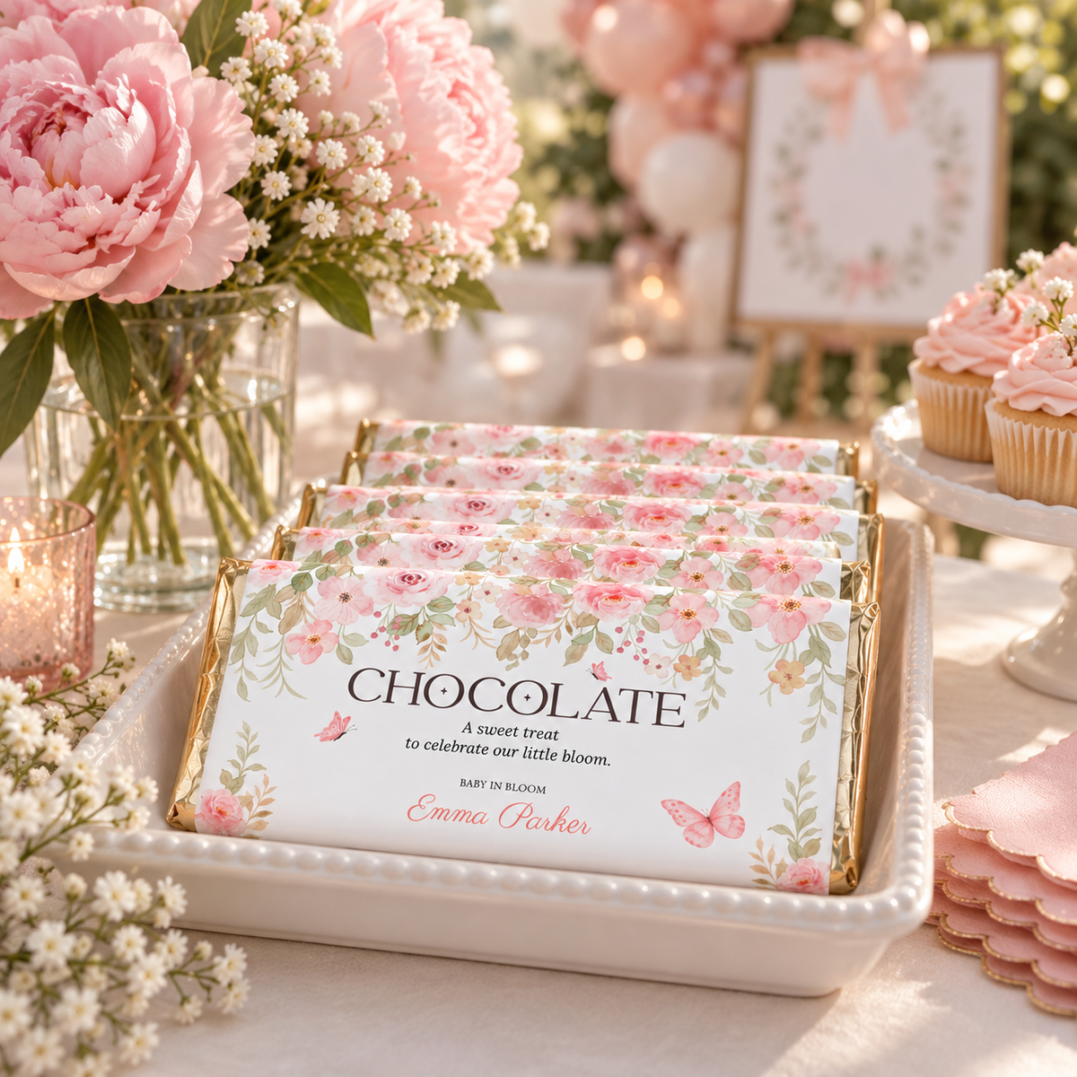 Tray of baby shower chocolate bar favors on a dessert table with peonies and cupcakes
