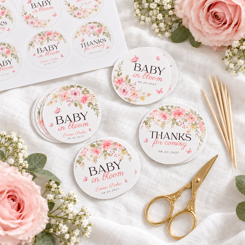 Printed round baby in bloom cupcake toppers on linen with gold scissors and toothpicks