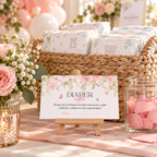 Baby shower diaper station with a basket of diapers and a baby in bloom diaper raffle card on an easel