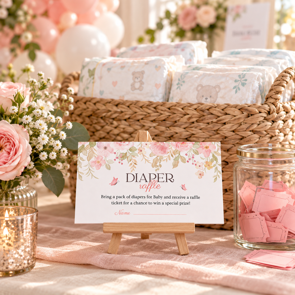 Baby shower diaper station with a basket of diapers and a baby in bloom diaper raffle card on an easel