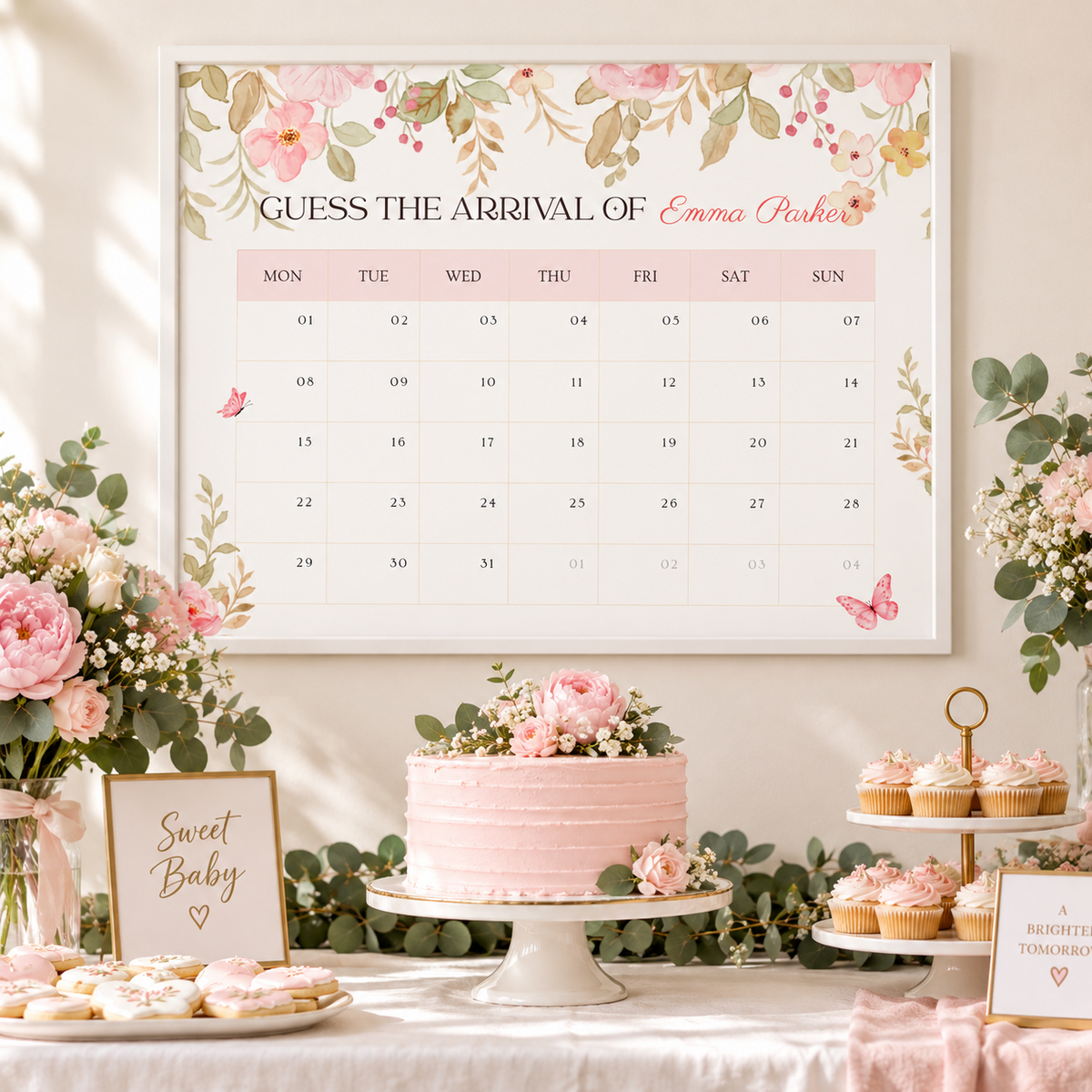 Framed baby in bloom guess the arrival calendar above a pink dessert table