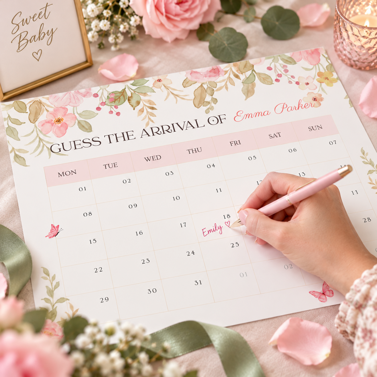 Guest writing her name on the baby in bloom due date calendar