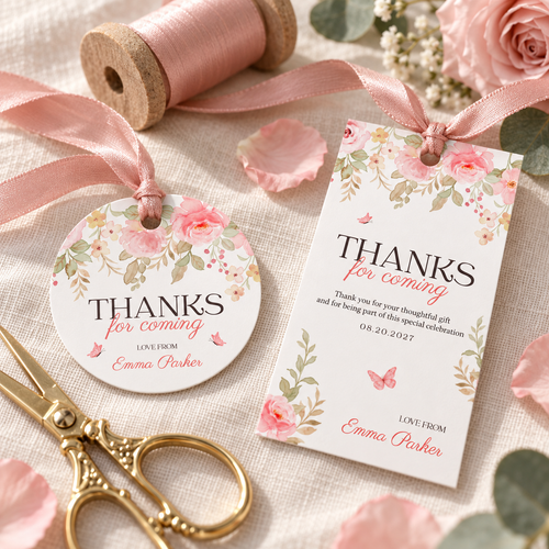 Close-up of round and tall pink floral baby shower thank you tags with ribbon and gold scissors