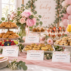 Baby shower brunch buffet with pink floral food labels