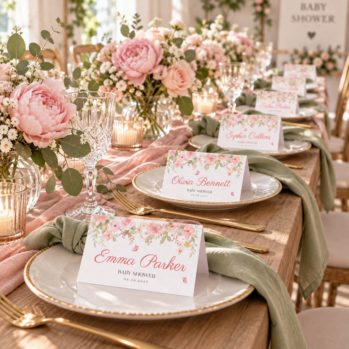 Baby shower table with pink floral place cards at each setting