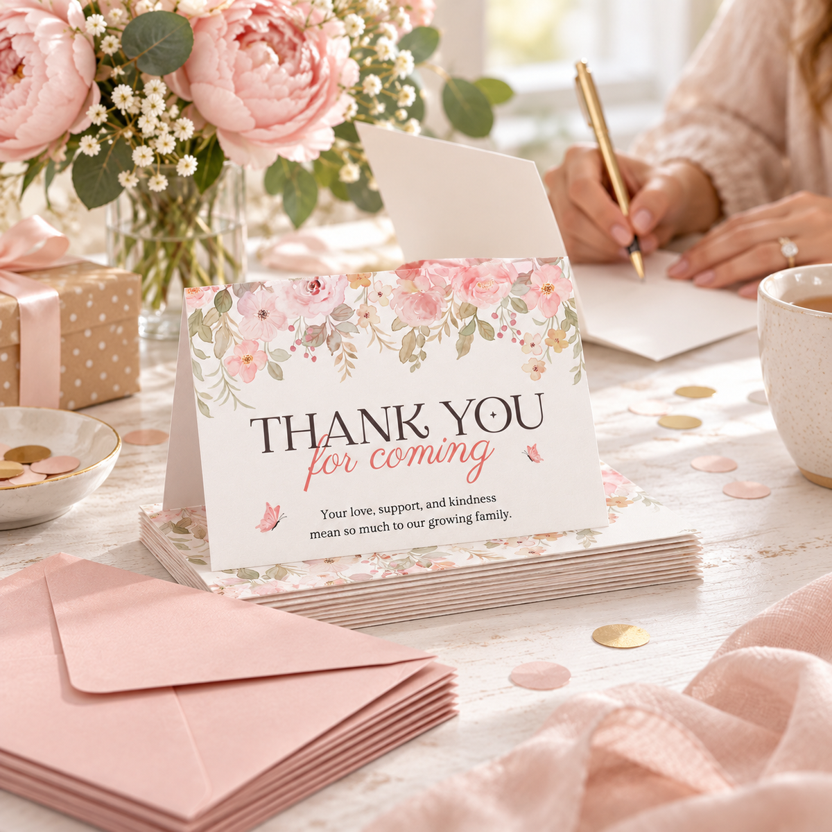 Stack of baby in bloom thank you cards with envelopes while writing notes after the shower