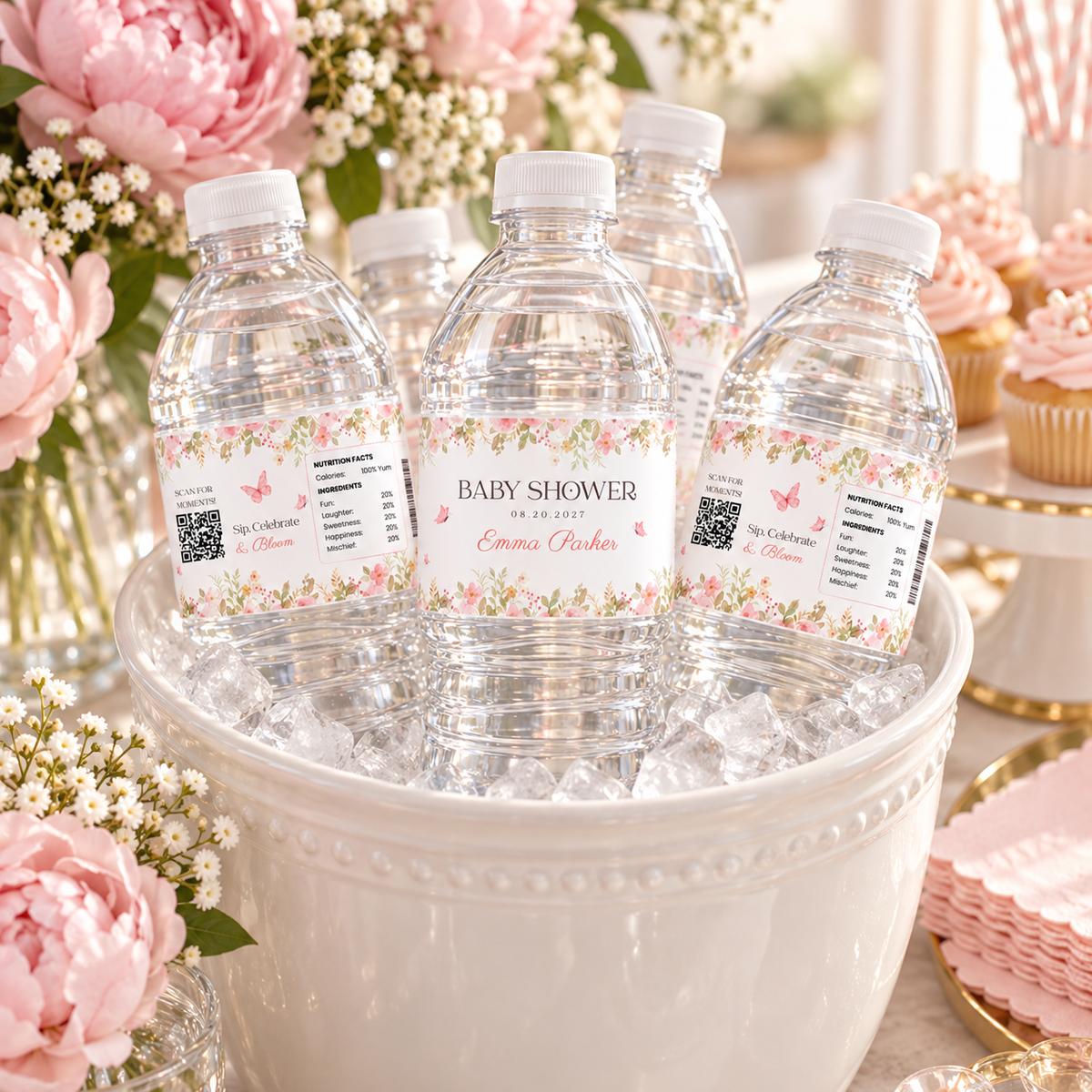 Labeled water bottles in an ice bucket on a pink baby shower dessert table