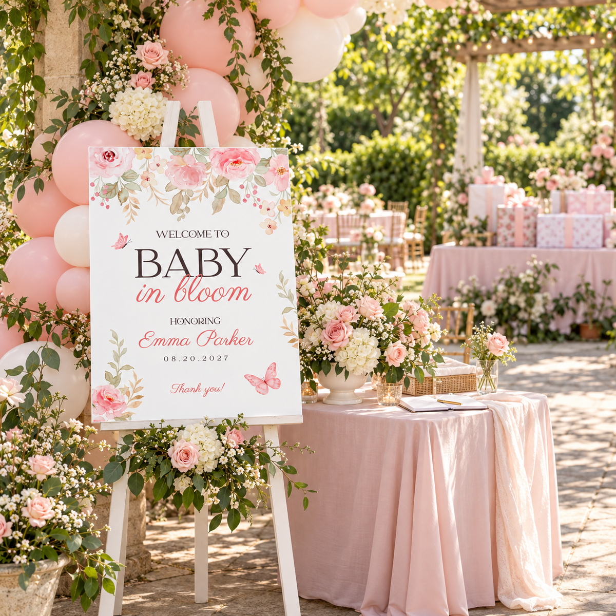 Baby in bloom welcome sign at a garden baby shower entrance with balloon arch