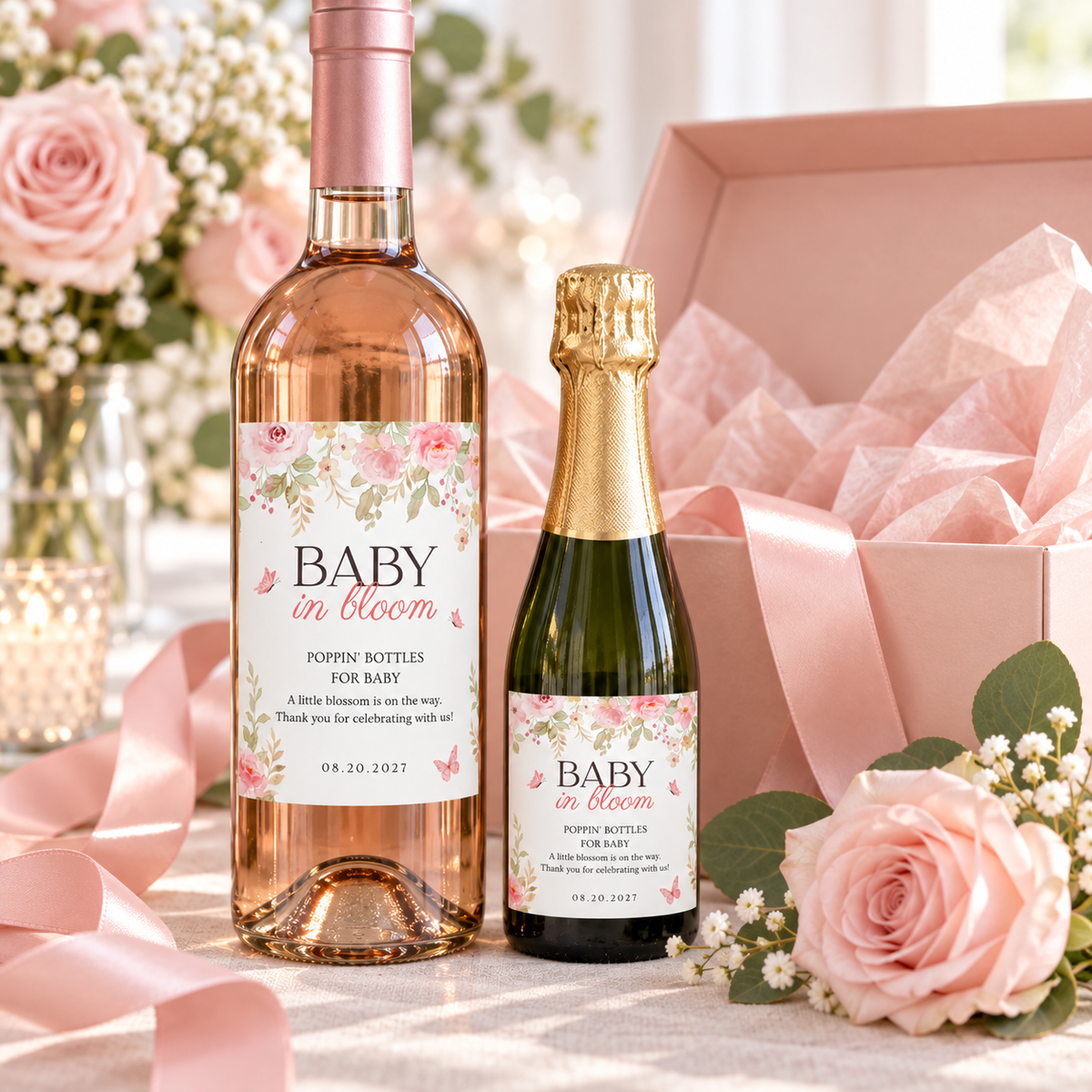 Rose wine and mini champagne bottle with baby in bloom labels beside a pink gift box
