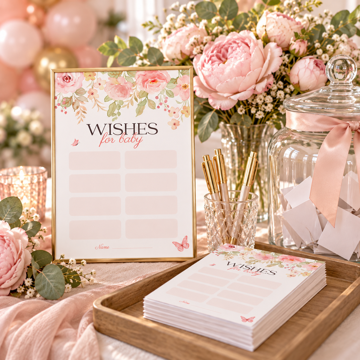 Baby shower wishing station with wishes cards, a wish jar and pink peonies