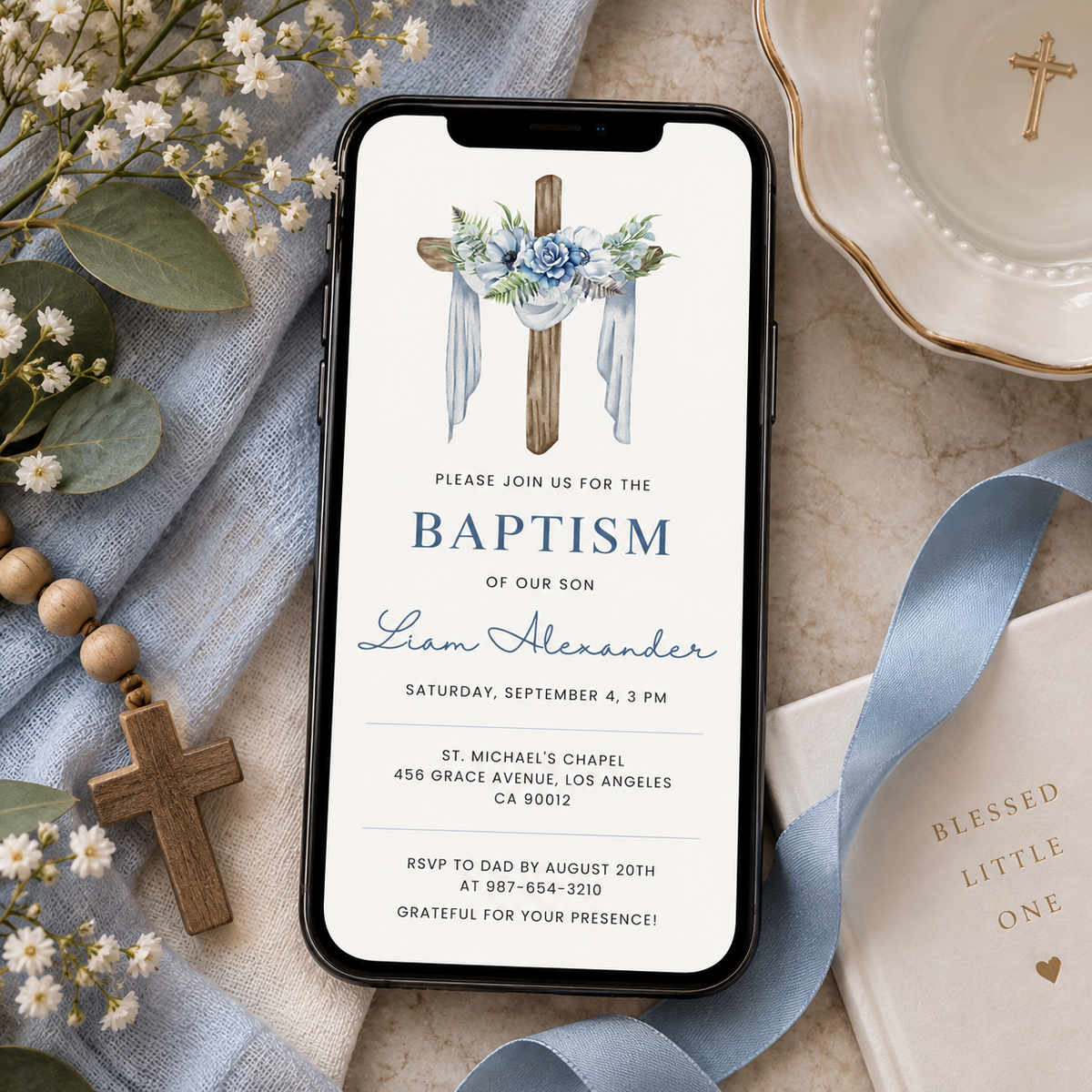 Blue cross baptism invitation printed at 8.5 x 11 inches, shown with the matching phone evite