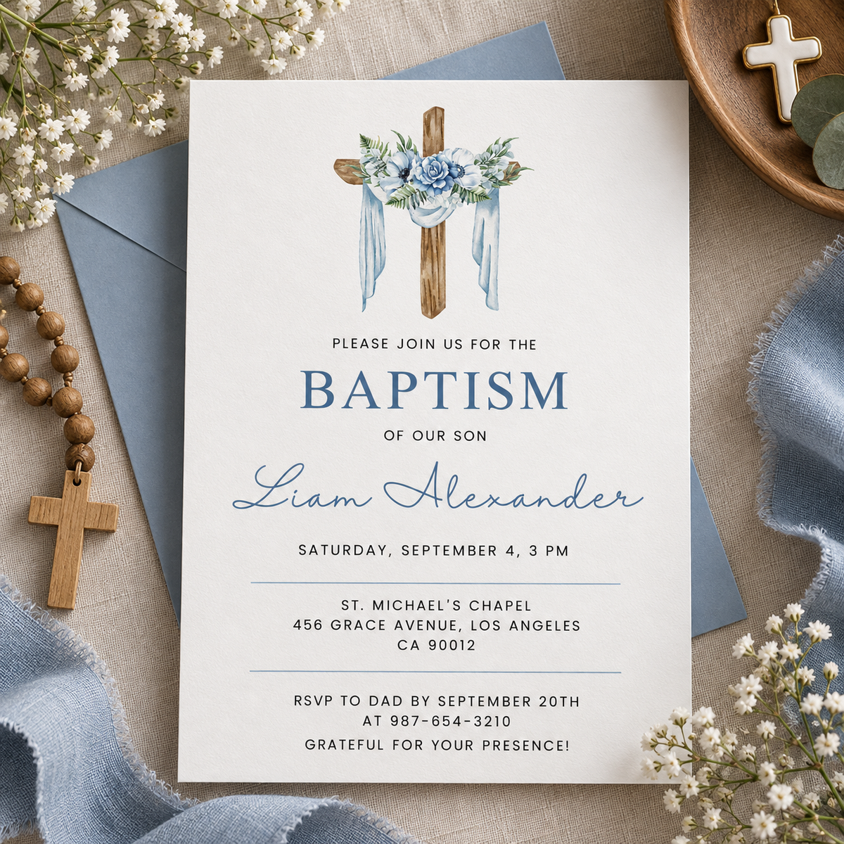 Blue watercolor cross baptism invitation printable template for a baby boy
