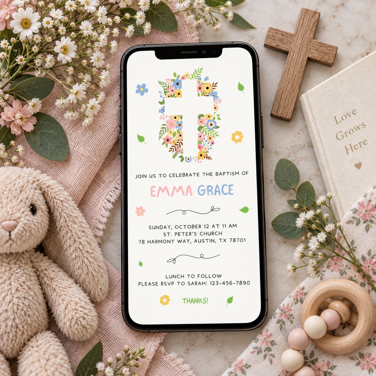 Floral cross baptism invitation printed at 8.5 x 11 inches, shown with the matching phone evite