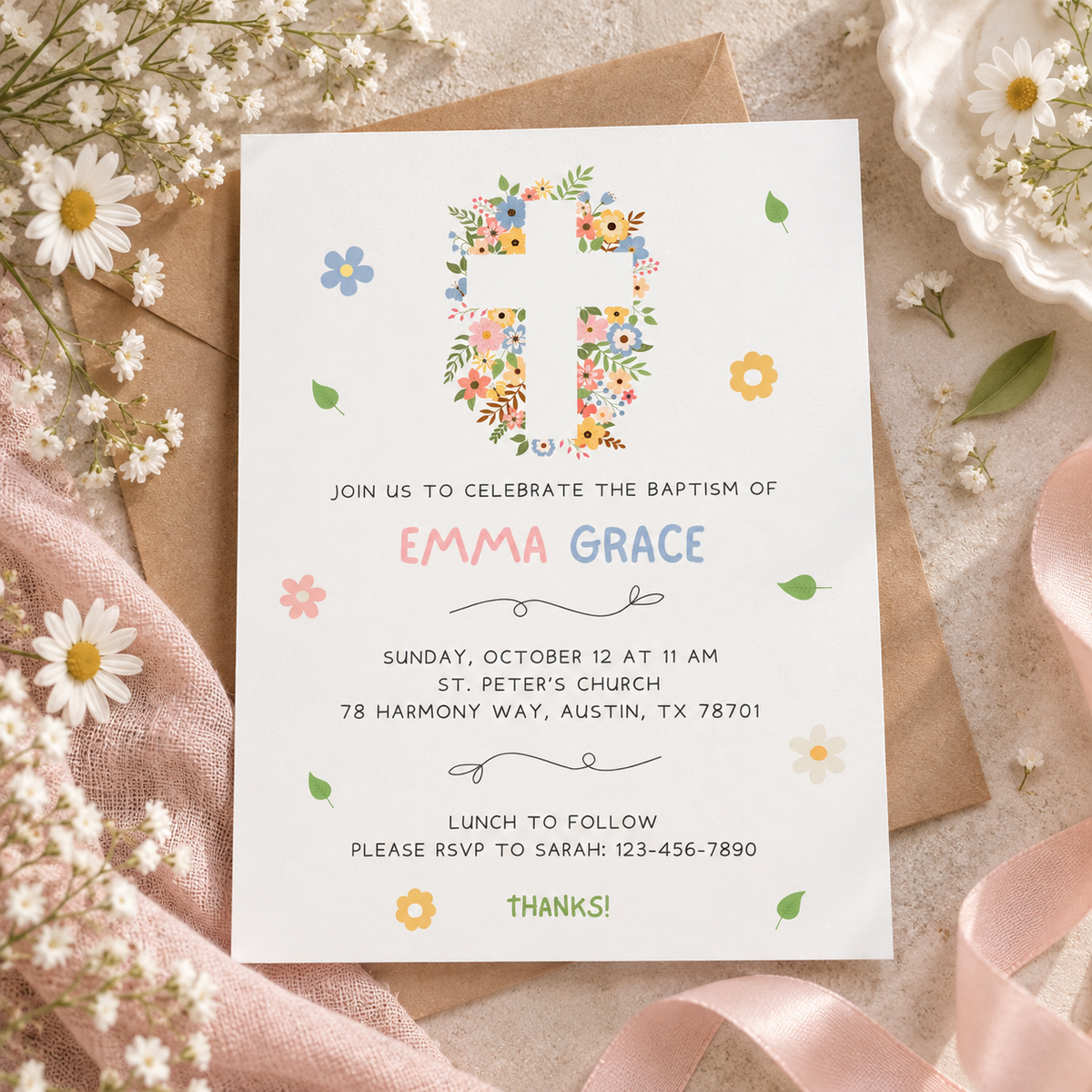 Pastel floral cross baptism invitation printable template for a baby girl