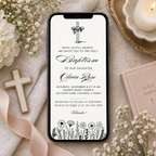 Vintage baptism invitation printed at 8.5 x 11 inches, shown with the matching phone evite