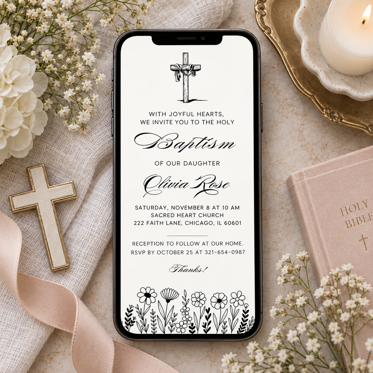 Vintage baptism invitation printed at 8.5 x 11 inches, shown with the matching phone evite