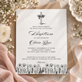 Vintage cross and wildflower baptism invitation printable template in black and white